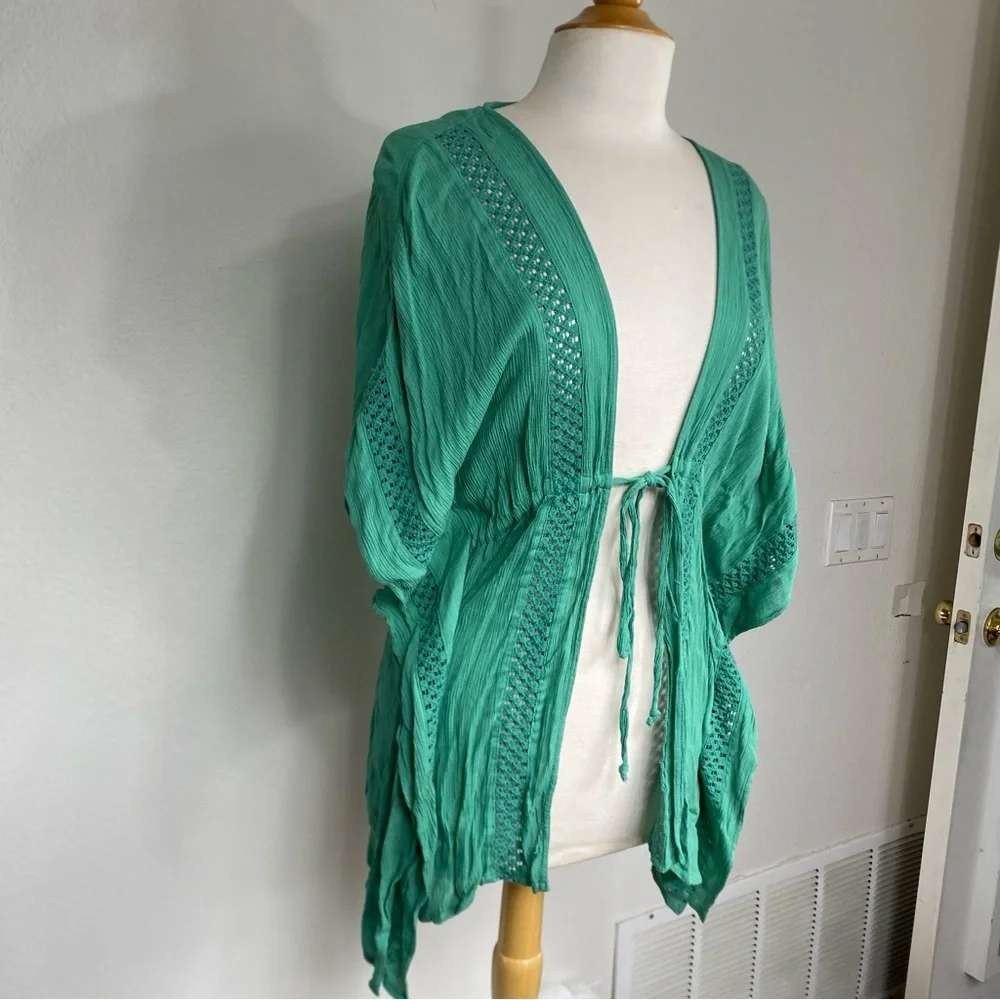 Elan Women’s Green Gauzy Rayon Crochet Tie Front Kimono Size XS Beach Tropical